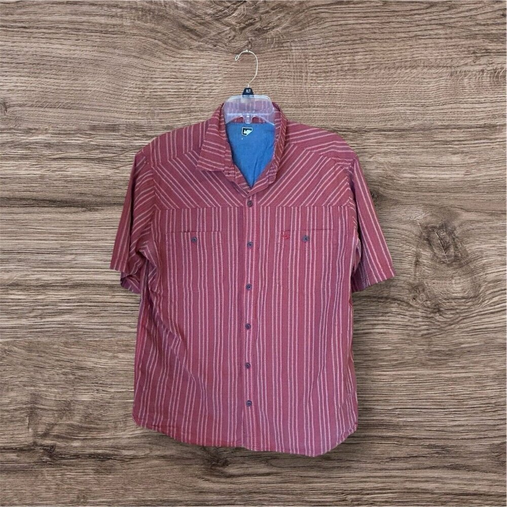 REI Mens Red Striped Hiking‎ Camping Short Sleeve Shirt Collared Button XL??